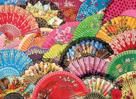 A vibrant collection of Spanish fans displayed together, showcasing a variety of colors and intricate designs. The fans feature floral patterns, landscapes, and decorative elements, embodying cultural artistry.