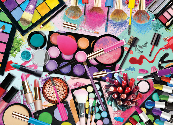 Colorful makeup palette jigsaw puzzle featuring an array of makeup items including eyeshadows, lipsticks, brushes, and vibrant powders spread out across a colorful background. Perfect for beauty enthusiasts and puzzle lovers alike.