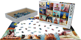 Eurographics Funny Bunnies jigsaw puzzle, featuring a whimsical collage of playful bunnies in various amusing scenarios. The image shows the puzzle pieces scattered on a surface, with the box beside it. The puzzle includes 1000 pieces and showcases vibrant colors and charming illustrations.