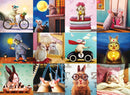 A vibrant collection of whimsical bunny illustrations featured in the Funny Bunnies jigsaw puzzle by Eurographics. Images depict cute bunnies engaging in various playful activities, including riding a bike, playing music, and sleeping. The colorful and imaginative scenes create a fun and engaging visual story.