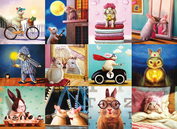A vibrant collection of whimsical bunny illustrations featured in the Funny Bunnies jigsaw puzzle by Eurographics. Images depict cute bunnies engaging in various playful activities, including riding a bike, playing music, and sleeping. The colorful and imaginative scenes create a fun and engaging visual story.