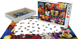 Eurographics Chinese Calendar jigsaw puzzle featuring vibrant illustrations representing the Chinese zodiac. The puzzle box is shown alongside scattered pieces, with some pieces placed to form parts of the completed image. It showcases animals like a dragon, monkey, and pig, highlighting colorful designs and symbols related to the Chinese New Year.