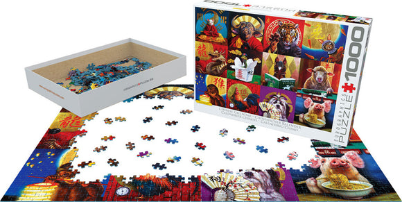 Eurographics Chinese Calendar jigsaw puzzle featuring vibrant illustrations representing the Chinese zodiac. The puzzle box is shown alongside scattered pieces, with some pieces placed to form parts of the completed image. It showcases animals like a dragon, monkey, and pig, highlighting colorful designs and symbols related to the Chinese New Year.