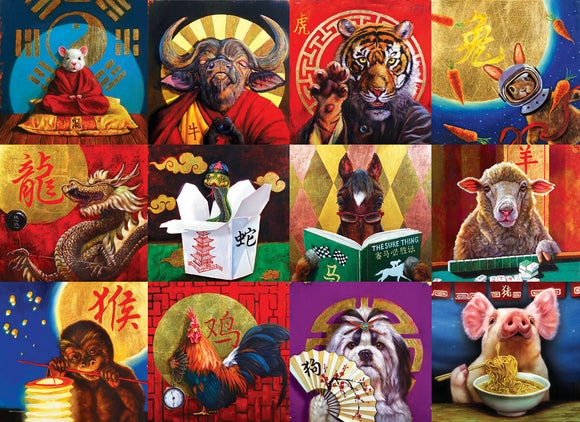 A vibrant Chinese Calendar jigsaw puzzle featuring artistic illustrations of the zodiac animals, including a mouse, cow, tiger, dragon, and more. The artwork showcases a colorful and playful design, perfect for puzzle enthusiasts and lovers of Chinese culture.