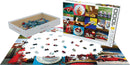 A 1000-piece jigsaw puzzle titled 'Funny Mice'. The puzzle features whimsical images of mice in various scenarios, including one in a red cape and another in a toy car. The image shows the partially completed puzzle with several scattered pieces and the puzzle box beside it.