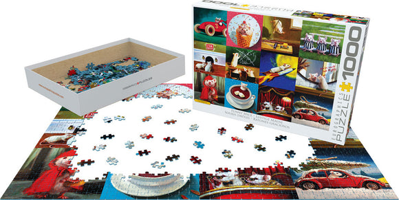 A 1000-piece jigsaw puzzle titled 'Funny Mice'. The puzzle features whimsical images of mice in various scenarios, including one in a red cape and another in a toy car. The image shows the partially completed puzzle with several scattered pieces and the puzzle box beside it.