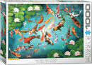 Koi Fish jigsaw puzzle by Eurographics, featuring an artistic depiction of vibrant koi fish swimming among lush green lily pads and white lilies. The puzzle contains 1000 pieces and showcases colorful aquatic life set against a serene blue background.