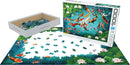 A beautifully illustrated 1000-piece jigsaw puzzle of koi fish by Eurographics. The puzzle features vibrant colors with various koi designs swimming amidst green lily pads and a blue background. The puzzle pieces are spread on a table with the partially completed image visible. The attractive packaging displays the artwork and product details prominently.