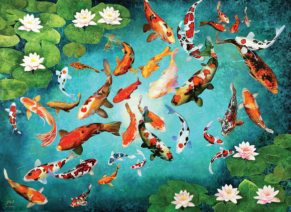 A vibrant jigsaw puzzle featuring colorful Koi fish swimming among lily pads in a tranquil blue pond. The puzzle showcases various patterns and shades of the Koi, adding an artistic touch to the scene.