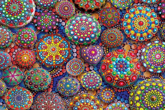 Colorful Meditative Mandala Stones jigsaw puzzle featuring intricately designed stones with vibrant patterns. The image showcases a variety of round stones in bright colors including reds, blues, greens, and yellows, all with detailed mandala designs. Perfect for relaxation and mindfulness activities, ideal for both adults and children.