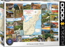 A 1000-piece jigsaw puzzle featuring scenic images from the Appalachian Trail. The box showcases a collage of beautiful landscapes, trails, and landmarks, including a map of the trail and photos of nature, rustic cabins, and hiking routes. Ideal for nature lovers and puzzle enthusiasts.