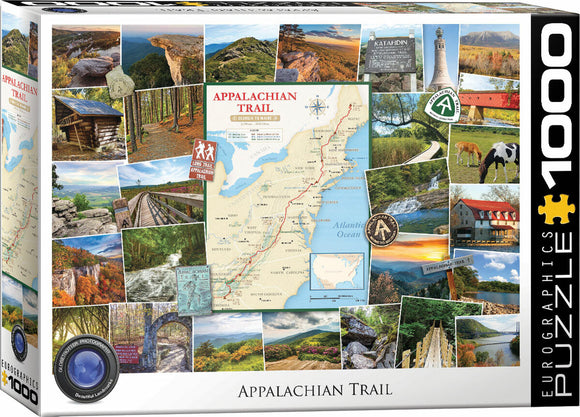 A 1000-piece jigsaw puzzle featuring scenic images from the Appalachian Trail. The box showcases a collage of beautiful landscapes, trails, and landmarks, including a map of the trail and photos of nature, rustic cabins, and hiking routes. Ideal for nature lovers and puzzle enthusiasts.