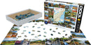 EuroGraphics Appalachian Trail jigsaw puzzle featuring a collage of scenic images from the Appalachian Trail, with pieces scattered around the partially completed puzzle on a flat surface. The box displays vibrant photographs and a detailed map of the trail.