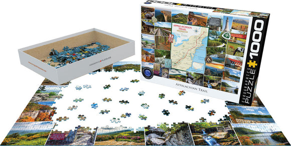 EuroGraphics Appalachian Trail jigsaw puzzle featuring a collage of scenic images from the Appalachian Trail, with pieces scattered around the partially completed puzzle on a flat surface. The box displays vibrant photographs and a detailed map of the trail.