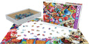 Eurographics 1000-piece jigsaw puzzle titled 'Ice Cream Party', featuring a colorful display of various ice cream treats and toppings. The box is shown partially open, with puzzle pieces scattered around, including images of ice cream cones, scoops, and a variety of desserts.