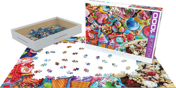 Eurographics 1000-piece jigsaw puzzle titled 'Ice Cream Party', featuring a colorful display of various ice cream treats and toppings. The box is shown partially open, with puzzle pieces scattered around, including images of ice cream cones, scoops, and a variety of desserts.
