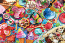 A vibrant and colorful jigsaw puzzle depicting an enticing ice cream party scene. The image features various types of ice cream in bowls, cones, and sundaes. Toppings like sprinkles, fruits, and syrups are scattered throughout, showcasing a joyful and festive dessert display. Bright colors and detailed textures create an irresistible visual feast that captures the essence of summer treats.