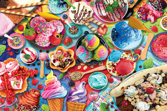 A vibrant and colorful jigsaw puzzle depicting an enticing ice cream party scene. The image features various types of ice cream in bowls, cones, and sundaes. Toppings like sprinkles, fruits, and syrups are scattered throughout, showcasing a joyful and festive dessert display. Bright colors and detailed textures create an irresistible visual feast that captures the essence of summer treats.