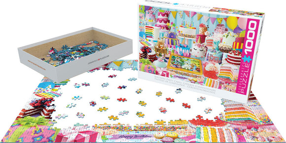 Eurographics Birthday Party Cakes jigsaw puzzle featuring a vibrant and colorful assortment of birthday cakes, desserts, and party decorations. The scene includes a variety of cakes with frosting, balloons, and festive decor. The puzzle pieces are spread out on a flat surface, ready to be assembled, showcasing intricate details and vivid colors, perfect for a fun family activity.