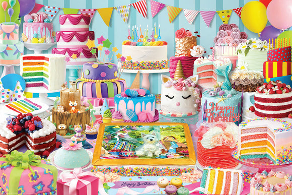 Colorful jigsaw puzzle featuring an array of beautifully decorated birthday cakes, including multi-tiered cakes, vibrant icing, and a variety of sweets. The scene is filled with festive decorations like balloons and party hats, creating a joyful celebration atmosphere.