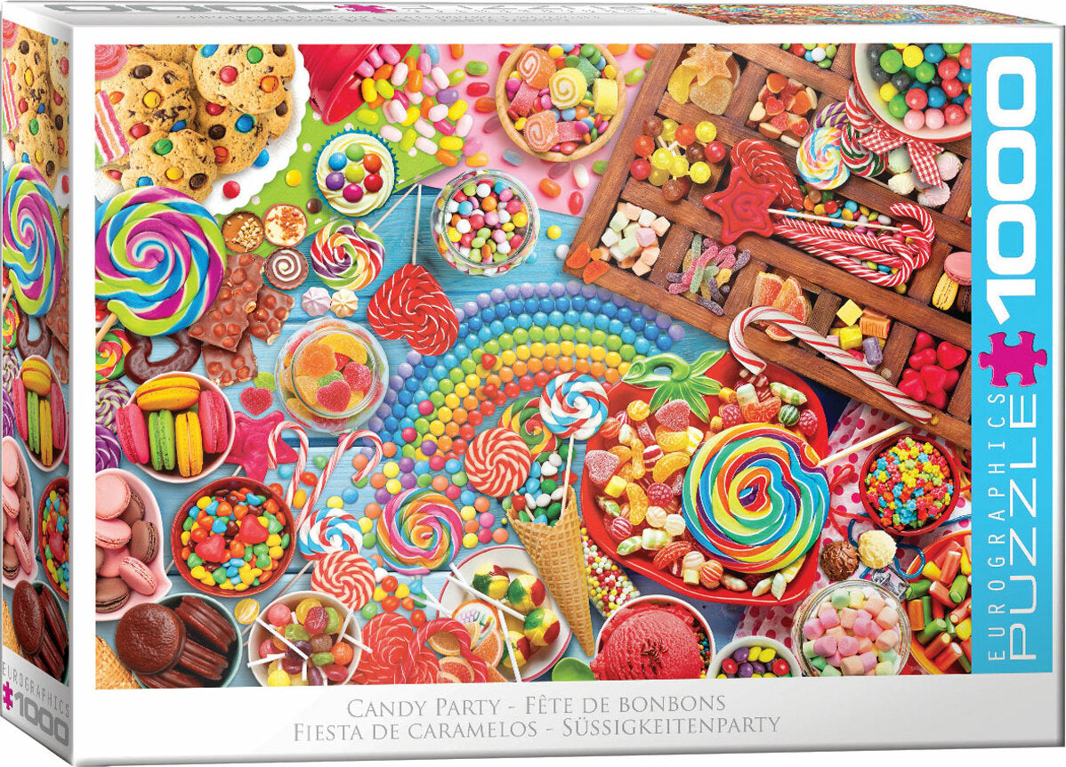 Candy Party jigsaw puzzle by Eurographics featuring a vibrant assortment of candies, sweets, and desserts including lollipops, cookies, and colorful candies arranged artistically on a blue background, perfect for candy lovers and puzzle enthusiasts.