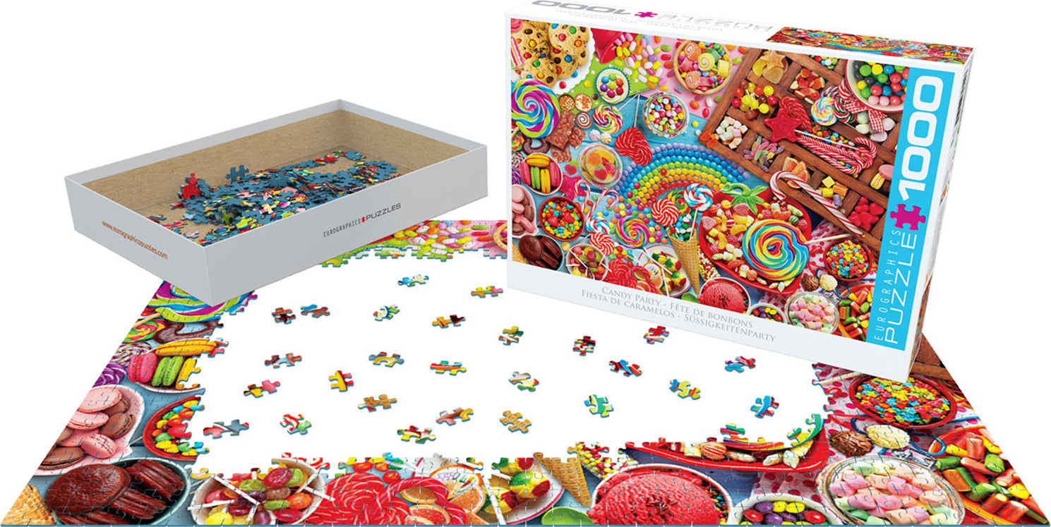 The Candy Party jigsaw puzzle by Eurographics features a vibrant and colorful assortment of sweets and desserts. The box displays enticing images of candies, lollipops, and various treats, while the puzzle pieces are scattered around a partially completed base showing a bright and cheerful candy theme. This 1000-piece puzzle promises fun and engagement for puzzle enthusiasts of all ages.