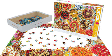 The Eurographics Pie Party jigsaw puzzle is featured with a colorful array of pies and desserts in vibrant colors. The box is partially open, revealing the puzzle pieces inside and the partially assembled puzzle on the table. This 1000-piece puzzle showcases intricate designs and vivid imagery, perfect for pie lovers and puzzle enthusiasts.