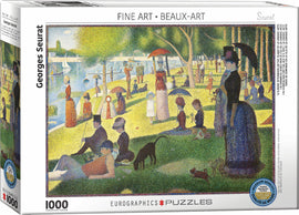 A jigsaw puzzle featuring Georges Seurat's iconic painting 'A Sunday on La Grande Jatte'. The image depicts a vibrant scene of people enjoying a sunny afternoon by the riverside, surrounded by lush greenery and colorful umbrellas. This 1000-piece puzzle captures the intricate details and brushwork of the original artwork, perfect for art lovers and puzzle enthusiasts alike.