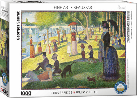 A jigsaw puzzle featuring Georges Seurat's iconic painting 'A Sunday on La Grande Jatte'. The image depicts a vibrant scene of people enjoying a sunny afternoon by the riverside, surrounded by lush greenery and colorful umbrellas. This 1000-piece puzzle captures the intricate details and brushwork of the original artwork, perfect for art lovers and puzzle enthusiasts alike.