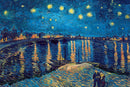 A vibrant jigsaw puzzle featuring Vincent van Gogh's artwork 'Starry Night Over the Rhone'. The image showcases a night scene with shimmering stars reflecting off the water, historic buildings in the background, and a couple walking along the edge of the riverbank.