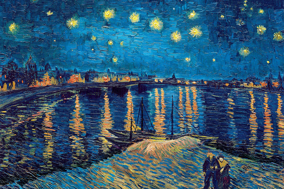 A vibrant jigsaw puzzle featuring Vincent van Gogh's artwork 'Starry Night Over the Rhone'. The image showcases a night scene with shimmering stars reflecting off the water, historic buildings in the background, and a couple walking along the edge of the riverbank.