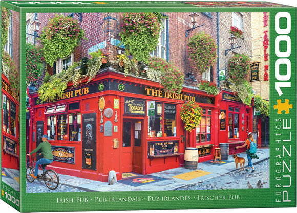 A vibrant jigsaw puzzle box titled 'The Irish Pub' by Eurographics. The artwork showcases a lively red pub adorned with colorful flowers, street signs, and people enjoying the day outside. The box displays the puzzle details and a scenic background, making it an inviting choice for puzzle enthusiasts.
