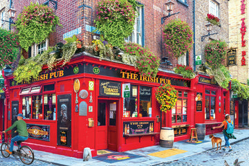 A vibrant street scene featuring 'The Irish Pub,' a colorful red-brick pub adorned with lush flower baskets and vintage signage. The pub showcases outdoor seating, a bicycle rider passing by, a woman walking her dog, and signs highlighting live music and traditional Irish culture.