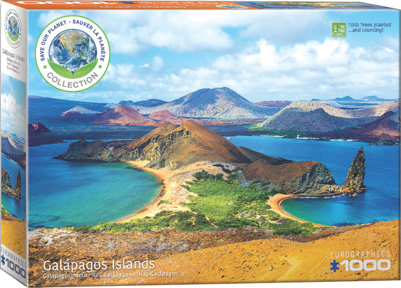 Eurographics Galapagos Islands jigsaw puzzle featuring a stunning landscape of the Galapagos archipelago. The puzzle box showcases vibrant colors, with views of rocky formations, sandy beaches, and lush greenery set against a beautiful sky. Perfect for nature lovers and puzzle enthusiasts, it contains 1000 pieces for a rewarding experience.