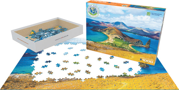 Eurographics jigsaw puzzle titled 'Galapagos Islands' featuring a stunning landscape image of the Galapagos with colorful pieces laid out and in a box. The puzzle contains 1000 pieces and highlights the region's unique geography and vibrant colors, perfect for puzzle enthusiasts.