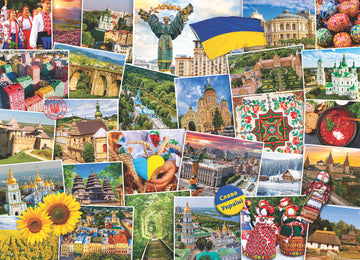 A jigsaw puzzle featuring a vibrant collage of Ukrainian landmarks, traditional attire, cultural symbols, and landscapes. Highlights include colorful buildings, iconic statues, and regional crafts, illustrating the rich heritage and beauty of Ukraine.