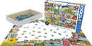 Eurographics Ukraine jigsaw puzzle featuring a collage of iconic Ukrainian landmarks and landscapes. The puzzle set includes a box with 1000 interlocking pieces and a large, colorful image representing the beauty of Ukraine. Puzzle pieces are scattered around a partially completed layout, showcasing vibrant designs such as sunflowers and historical sites.