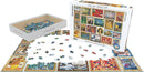 Eurographics Masterpieces jigsaw puzzle featuring 1000 intricately designed pieces, showcasing famous artworks. The puzzle is partially assembled on a flat surface, with pieces scattered around it and a box beside it, displaying the vibrant art collection.