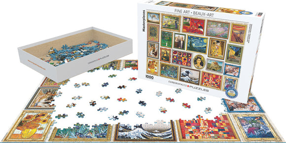 Eurographics Masterpieces jigsaw puzzle featuring 1000 intricately designed pieces, showcasing famous artworks. The puzzle is partially assembled on a flat surface, with pieces scattered around it and a box beside it, displaying the vibrant art collection.