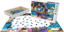 Zodiac Cats Jigsaw Puzzle from Eurographics. The image shows the puzzle pieces scattered on a table, with the partially completed puzzle featuring whimsical cat illustrations themed around the zodiac. The box displays vibrant artwork of cats in various imaginative settings.