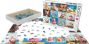 A jigsaw puzzle titled 'Funny Pigs' by Eurographics, featuring a vibrant collage of cartoon-style pigs engaged in humorous activities. The puzzle contains 1000 pieces, with some pieces scattered on a table and the box displayed upright, showcasing the colorful images of the pigs, including one in a tutu and another with a beach ball.