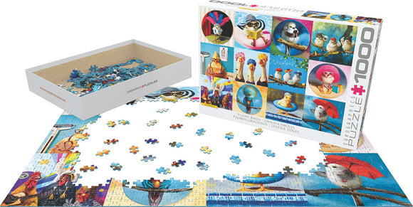 Eurographics Funny Birds jigsaw puzzle featuring whimsical illustrations of birds in humorous poses, with pieces scattered on a table and the box displaying vibrant artwork.