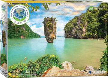 A 1000-piece jigsaw puzzle titled 'Pacific Islands' by Eurographics. The box features a stunning image of an idyllic seascape with rocky outcrops and lush greenery, set against a vibrant blue sky. The puzzle is part of the 'Save Our Planet' collection, promoting environmental awareness.
