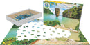 A Eurographics jigsaw puzzle titled 'Pacific Islands'. The image shows the puzzle box with scenic ocean and rock formations, alongside scattered puzzle pieces and an assembled section showcasing vibrant greens and blues.