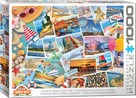 The Atlantic Coast Road Trip jigsaw puzzle by EuroGraphics features a vibrant collage of iconic East Coast landmarks, scenic views, and nostalgic imagery. It includes colorful postcards, beaches, lighthouses, and attractions, perfect for travel enthusiasts and puzzle lovers. This 1000-piece puzzle will immerse you in the beauty of the Atlantic coast, offering a delightful challenge for family fun or solitary play.
