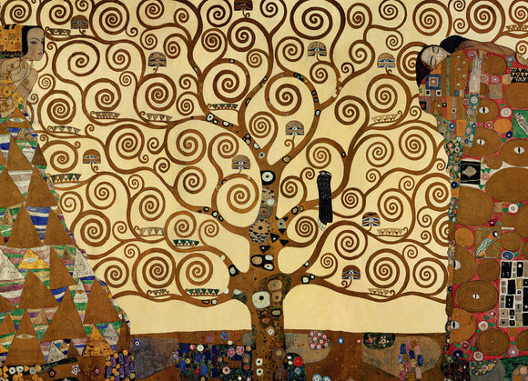 A detailed jigsaw puzzle featuring 'Tree of Life' artwork by Gustav Klimt. The image showcases intricate swirling patterns and vibrant colors, depicting a stylized tree surrounded by symbolic shapes, giving an artistic and calming aesthetic.