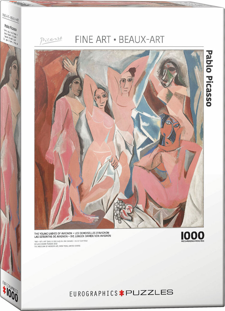 The Young Ladies of Avignon jigsaw puzzle by Eurographics. Features a reproduction of Pablo Picasso's iconic artwork depicting five women in a cubist style. The puzzle consists of 1000 intricately cut pieces, housed in a colorful box showcasing the artwork's vibrant hues and lines.