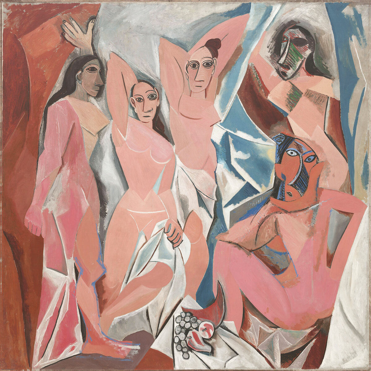 A jigsaw puzzle featuring the artwork 'The Young Ladies of Avignon' by Picasso, showing five abstracted female figures with distinct features and colors, set against a varied background of blues, reds, and whites.