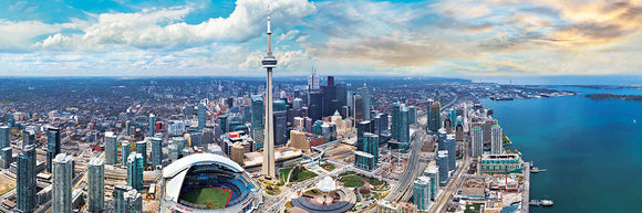 A stunning panoramic view of Toronto, Canada, showcasing iconic landmarks such as the CN Tower, vibrant cityscape, and the waterfront along Lake Ontario, perfect for puzzle enthusiasts.