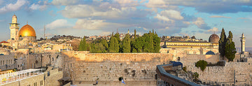 A panoramic view of Jerusalem featuring the iconic Golden Dome of the Rock, ancient stone walls, and lush greenery, perfect for the Eurographics jigsaw puzzle titled 'Jerusalem'. This detailed jigsaw puzzle invites you to explore the historical and cultural significance of one of the world's oldest cities through an engaging and interactive experience.